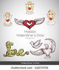 greeting card with Valentine day heart with angels, cupids. Hand-drawn retro stuff. Element Set