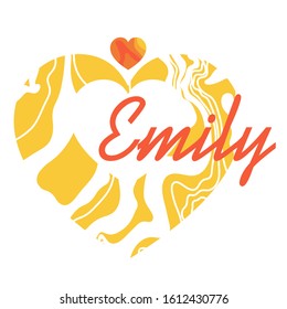 Greeting card Valentine golden color. Feminine name Emily. Author's composition in the form of a heart.