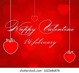 greeting card with valentine lettering,illustration happy valentine day with ornament for decorative festival of love,red heart with butterfly and gift float on red background