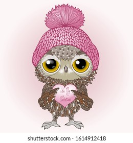 Greeting card Valentine with an owl in a pink hat that holds the heart on which it is written, be my Valentine