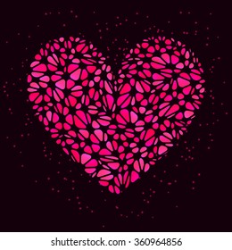 Greeting card for Valentine's Day. Abstract heart on a dark background with sparks