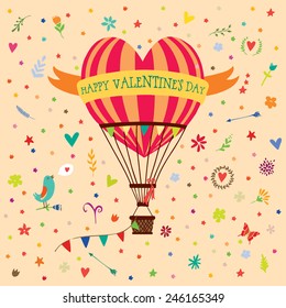 Greeting Card Valentine's Day with a balloon in the form of heart. Vector illustration.