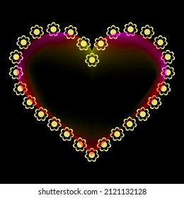 Greeting card for Valentine's Day. Banner for the holiday. Heart surrounded by flowers. Black background.