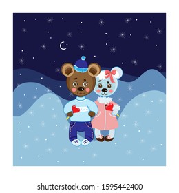 Greeting card for Valentine's Day with bears and lollipops in the shape of a heart