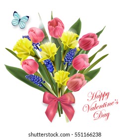 Greeting card Valentine's day. Beautiful bouquet of spring flowers, tulips, Muscari, daffodils.Spring background. The template vector.