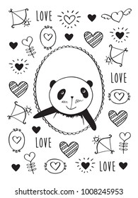 Greeting card for Valentine's Day, birthday, wedding with hand drawn cute panda and hearts.  Doodles, sketch for your design. Black and white. Vector illustration.