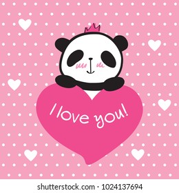 Greeting card for Valentine's Day, birthday,  Mother's Day, wedding with hand drawn cute panda and hearts.  Pink background. Doodles, sketch for your design. Vector illustration.