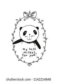 Greeting card for Valentine's Day, birthday, Mother's Day, wedding with cute panda and frame. Hand drawn panda. Vector.