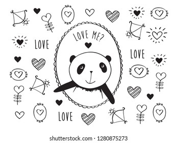 Greeting card for Valentine's Day, birthday, wedding with hand drawn cute panda and hearts. Doodles, sketch for your design. Black and white. Vector illustration.