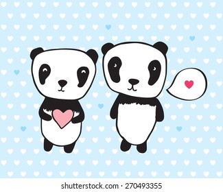 Greeting card for Valentine's Day, birthday with pandas and hearts. Hand drawn pandas for your design. Light blue background with hearts. Doodles, sketch. Vector illustration.