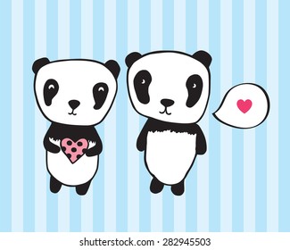 Greeting card for Valentine's Day, birthday with pandas and hearts. Hand drawn pandas for your design. Light pink background with hearts. Doodles, sketch. Vector illustration.