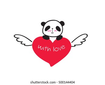 Greeting card for Valentine's Day, birthday, Mother's Day, wedding with cute panda and heart. Hand drawn panda for your design. Doodles, sketch. Vector illustration.