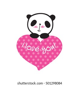 Greeting card for Valentine's Day, birthday, Mother's Day, wedding with little cute panda and heart. Hand drawn panda for your design. Doodles, sketch. Vector.