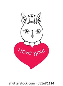 Greeting card for Valentine's Day, birthday, Mother's Day, wedding with little cute rabbit and heart. I love you! Doodles, sketch. Vector