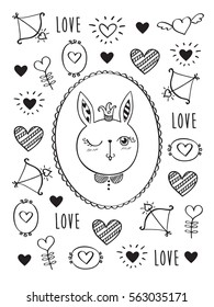 Greeting card for Valentine's Day, birthday, wedding with little cute rabbit and hearts.  Doodles, sketch for your design. Vector illustration.