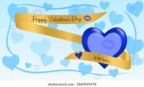 Grußkarte für den Valentinstag in Blau. Ein goldenes Band mit der Aufschrift ist um ein Herz gewickelt. Viele Ballons in Herzform. Kopiert Platz. Vektorgrafik.