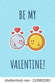 Greeting card for valentines day. Cartoon sun and moon in love. Vector illustration.