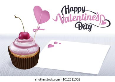 Greeting card for Valentine's Day with Cherry cupcake  and pink heart with love messages for Valentines Day, Mothers Day, birthday Christmas or special romantic occasion.