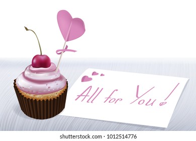 Greeting card for Valentine's Day with Cherry cupcake  and pink heart with love messages for Valentines Day, Mothers Day, birthday Christmas or special romantic occasion.