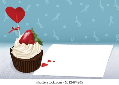 Greeting card for Valentine's Day with Chocolate Strawberry Cupcake  and red heart with love messages for Valentines Day, Mothers Day or special romantic occasion. Valentine's day template.