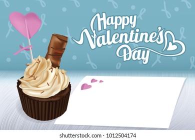 Greeting card for Valentine's Day with Chocolate Cupcakes  and red heart with love messages for Valentines Day, Mothers Day or special romantic occasion. Valentine's day template.