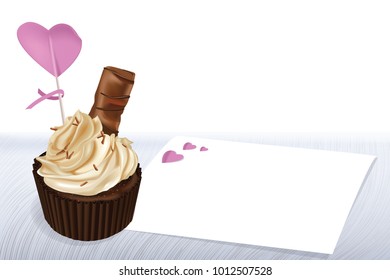 Greeting card for Valentine's Day with Chocolate Cupcakes  and red heart with love messages for Valentines Day, Mothers Day or special romantic occasion. Valentine's day template.