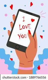 Greeting card for Valentine's Day. The concept of holiday and love.
Receive love messages by phone. Stock vector illustration.