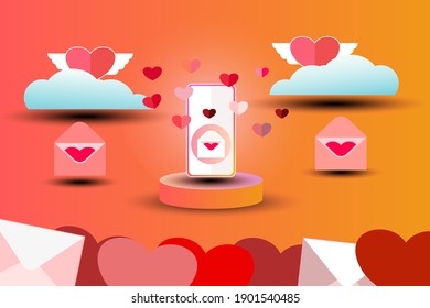 Greeting card Valentine's day. contain pink hearts and clouds are holding. Sending love through a mobile phone and mail to our loved ones. poster background, greeting card template, invitation card.