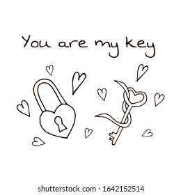 Greeting card for Valentine's Day. Greeting card for a couple. You are my key. Vector picture. Circuit.