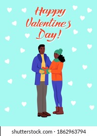 Greeting card for Valentine's day. The couple exchange gifts. Lettering happy Valentine's day. Flat vector illustration. 