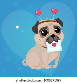 Greeting card for Valentine's Day with a cute pug and a letter. Cartoon lovely dog on a blue background with hearts. Vector illustration for a postcard or a poster. Text "Be My Valentine".