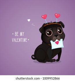 Greeting card for Valentine's Day with a cute black pug and a letter. Cartoon lovely black dog on a purple background. Vector illustration for a postcard or a poster. Text "Be My Valentine".