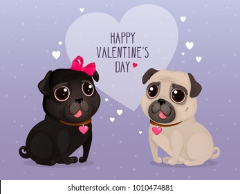 Greeting card for Valentine's Day with cute pugs. Cartoon dogs with hearts on a purple background. Vector illustration for a postcard or a poster. Text "Happy Valentine's Day".