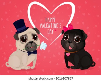 Greeting card for Valentine's Day with cute pugs. Cartoon dogs with hearts on a red background. Vector illustration for a postcard or a poster. Text "Happy Valentine's Day".