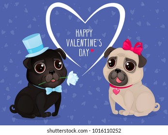 Greeting card for Valentine's Day with cute pugs. Cartoon dogs with hearts on a purple background. Vector illustration for a postcard or a poster. Text "Happy Valentine's Day".