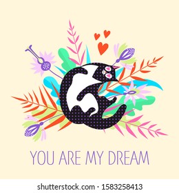 Greeting card for Valentine's Day with a cute cartoon cat on a background of flowers. Colorful vector illustration with decorative elements and funny character.