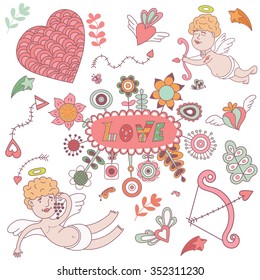 greeting card for Valentines day with cute angels, hearts, love, bow and arrows. vector