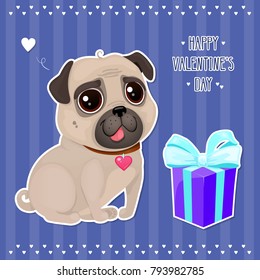 Greeting card for Valentine's Day with a cute pug and gift in cut out style. Cartoon dog with heart on striped background. Vector illustration for a postcard or a poster. Text "Happy Valentine's Day".