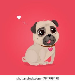 Greeting card for Valentine's Day with a cute pug. Cartoon dog with heart. Vector illustration for a postcard or a poster.