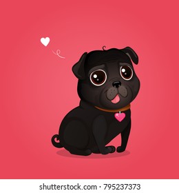 Greeting card for Valentine's Day with a cute black pug. Cartoon black dog with heart. Vector illustration for a postcard or a poster. 