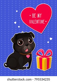 Greeting card for Valentine's Day with a cute black pug and gift in cut out style. Cartoon dog with heart on striped background. Text "Happy Valentine's Day".