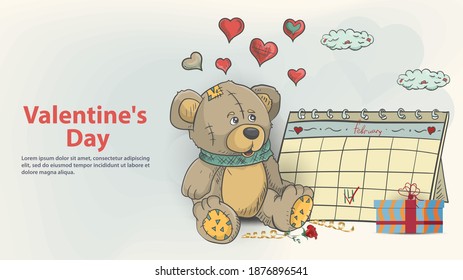 Greeting card for Valentines Day design, illustration in the style of childrens doodle, toy teddy bear in a blue scarf sitting next to the calendar