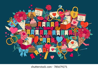 Greeting card for Valentines day. Doodle composition