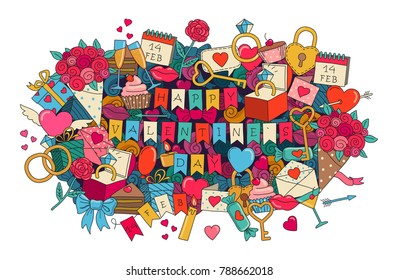 Greeting card for Valentines day. Doodle composition