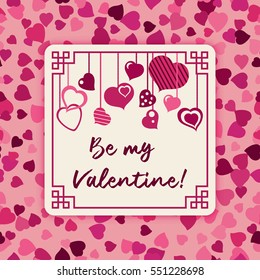 Greeting card to Valentine's day in Feb 14. Ornamental frame with garland of hearts and hand written greeting on pink background with scattering of small hearts. Vector illustration