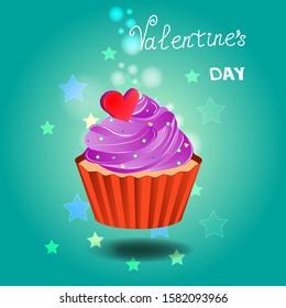 Greeting card for Valentine's Day, February 14, Love. Cupcake with a beautiful cream and heart. Vector stock illustration with the inscription.