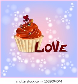 Greeting card for Valentine's Day, February 14, Love. Cupcake with a beautiful cream and heart. Vector stock illustration with the inscription love.