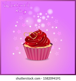 Greeting card for Valentine's Day, February 14, Love. Cupcake with a beautiful cream and heart. Vector stock illustration.