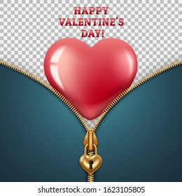 Greeting card for Valentine's Day February 14th. Zipper clasp in the shape of a lock with a keyhole, gold color and behind it a red heart. Isolated, on a transparent background, Vector illustration.