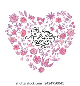 Greeting card for Valentines day with a floral design elements and lettering in the heart shape. Vector isolated color illustration in doodle style.
